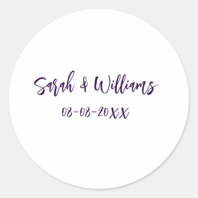 Wedding couple. Name date purple simple minimal mo Classic Round Sticker (Front)