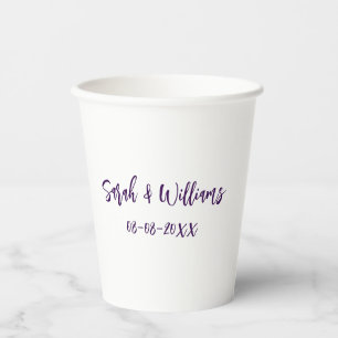 Wedding couple. Name date purple simple minimal mo Paper Cups