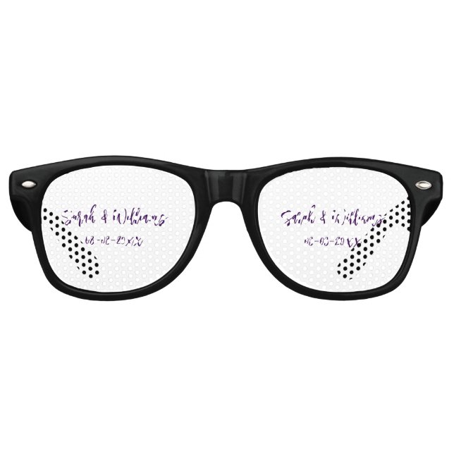 Wedding couple. Name date purple simple minimal mo Retro Sunglasses (Front)