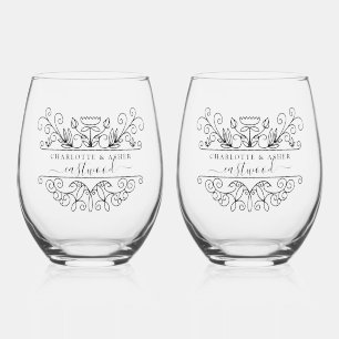 Wedding Couple Name Logo  Stemless Wine Glass
