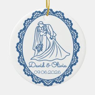 Wedding Couple Names & Date Romantic Line Art Ceramic Tree Decoration