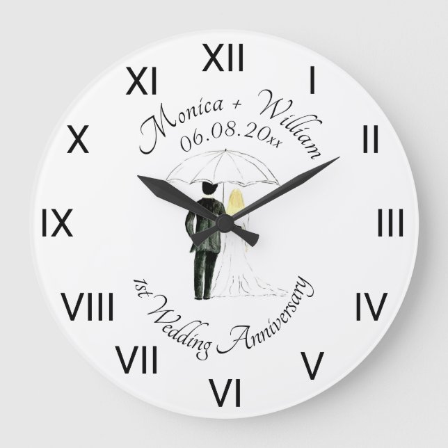 Wedding couple Paper Anniversary Roman Numbers Large Clock (Front)