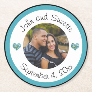 Wedding Couple Personalised Photo Names Date  Round Paper Coaster