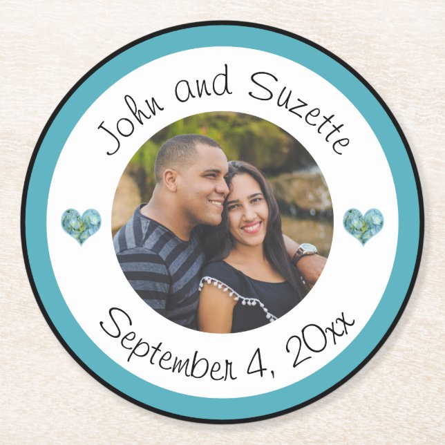 Wedding Couple Personalised Photo Names Date  Round Paper Coaster (Front)