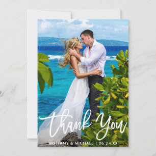 Wedding Couple Photo Modern Brush Script Thank You Card