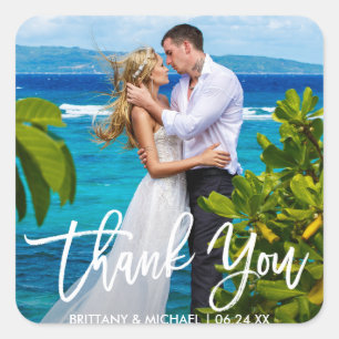 Wedding Couple Photo Modern Brush Script Thank You Square Sticker
