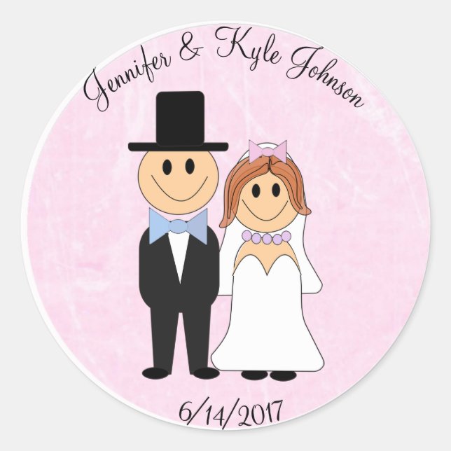 Wedding Couple Pink Personalised Wedding Date Classic Round Sticker (Front)