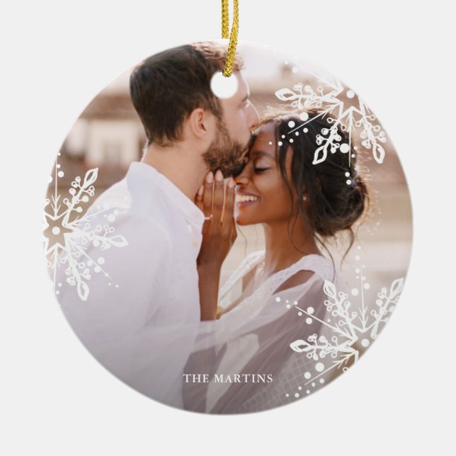 Wedding Couple Pretty Snowflake Overlay Photo Ceramic Tree Decoration (Front)