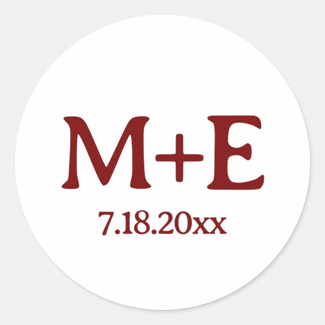 Wedding Couple Red Initials & Date Classic Round Sticker (Front)