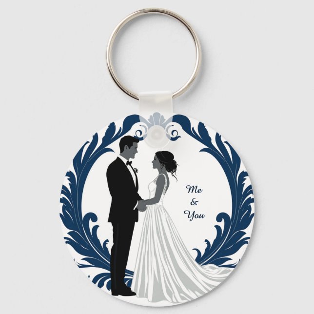 Wedding Couple Silhouette Holding Hands Key Ring (Front)