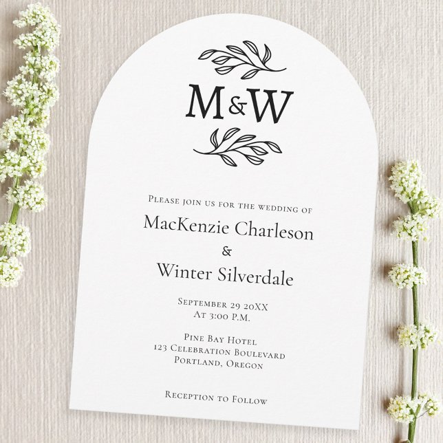 Wedding Couple Simple Monogram Initials Minimalist Invitation (Modern arch wedding invitation with couple monogram initials and botanical leaf sprig line art)