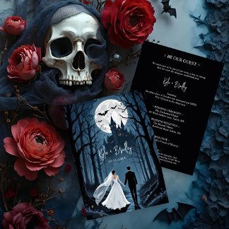 Wedding Couple Spooky Forest Towards Haunted Castl Invitation
