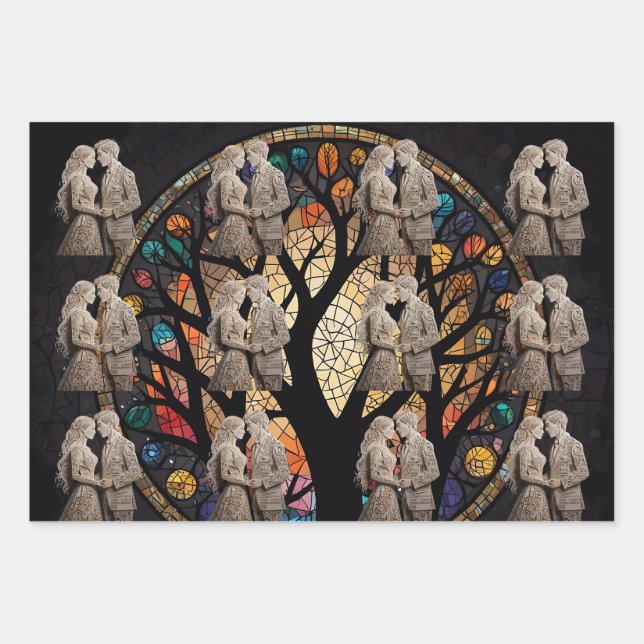 Wedding Couple & Tree of Life Wine Tote Wrapping Paper Sheet (Front 2)