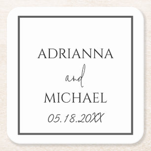 Wedding Couple's Name and Date White Square Paper Coaster