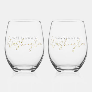 Wedding Couple's Name Monogram Gold Black Stemless Wine Glass