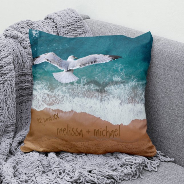Wedding 🌴💍 Couples Names in Sand Writing Coastal Cushion (Creator Uploaded)