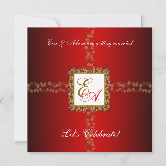 Wedding Couples Shower Invitation Red Gold Leaf (Front)