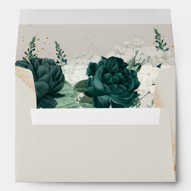 Wedding Cream Colour Emerald Green Rose Floral Envelope (Back (Bottom))