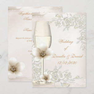 Wedding Cream Sepia Champagne Glass Flowers Invitation