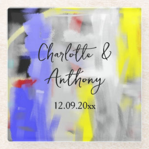 Wedding Creative Abstract Art Blue Yellow White Glass Coaster
