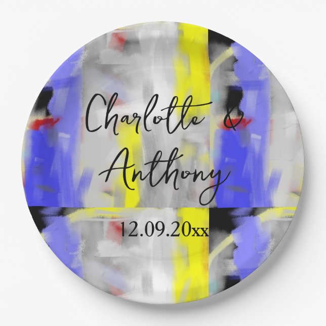 Wedding Creative Abstract Art Blue Yellow White Paper Plate (Front)