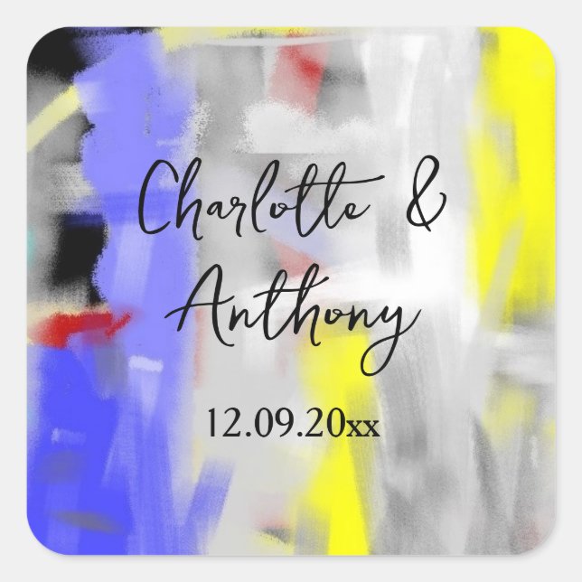 Wedding Creative Abstract Art Blue Yellow White Square Sticker (Front)