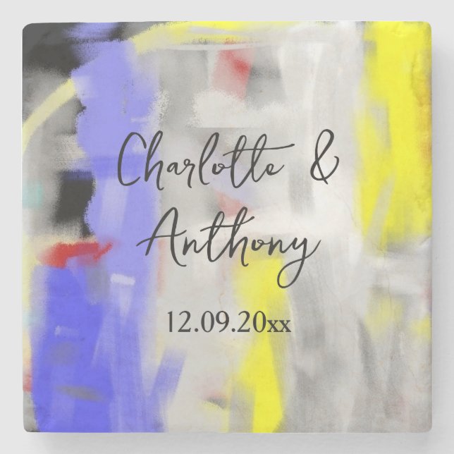 Wedding Creative Abstract Art Blue Yellow White Stone Coaster (Front)