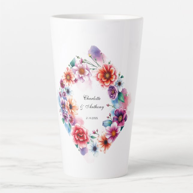 Wedding Creative Floral Names of Couple & Date Latte Mug (Front)