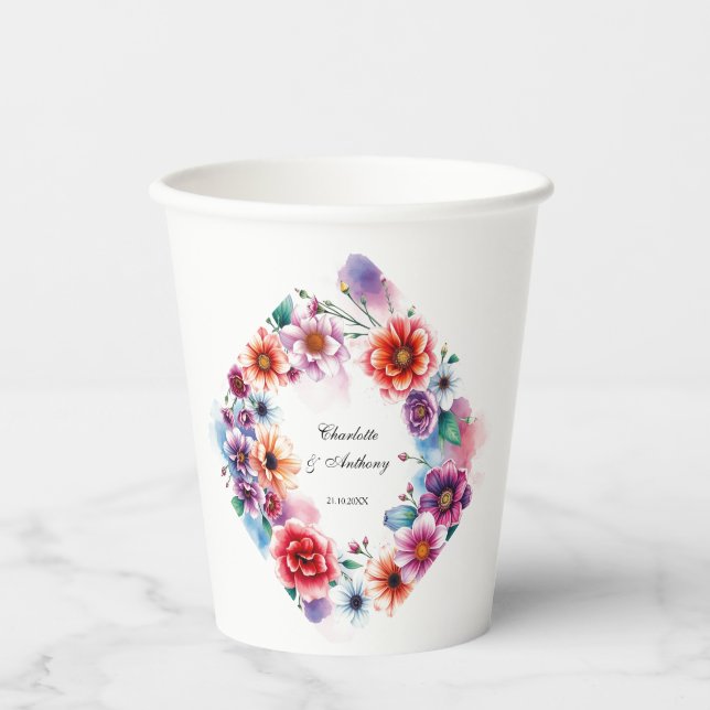 Wedding Creative Floral Names of Couple & Date Paper Cups (Front)