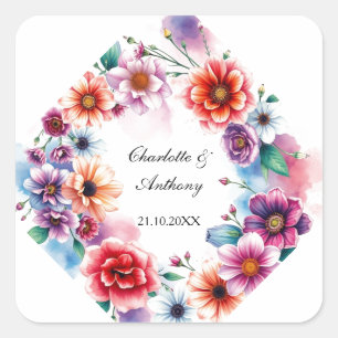 Wedding Creative Floral Names of Couple & Date Square Sticker