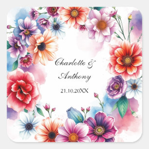 Wedding Creative Floral Names of Couple & Date Square Sticker
