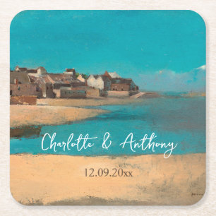 Wedding Creative Village Sea Sky Impressionist Square Paper Coaster