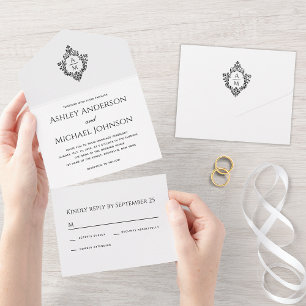 Wedding Crest Black & White Vintage Monogram RSVP All In One Invitation