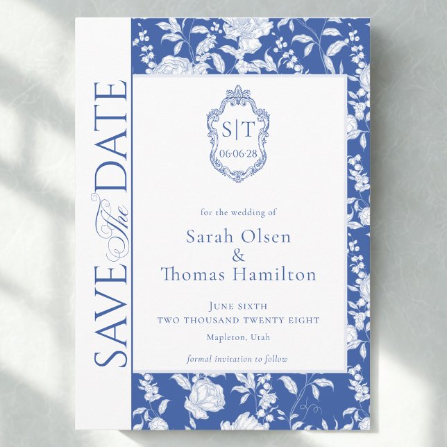 Wedding Crest Blue Chinoiserie Floral  Save The Date (Creator Uploaded)
