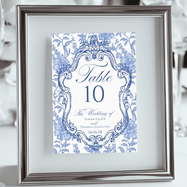 Wedding Crest Delft Blue Floral Elegant Script Table Number (Creator Uploaded)