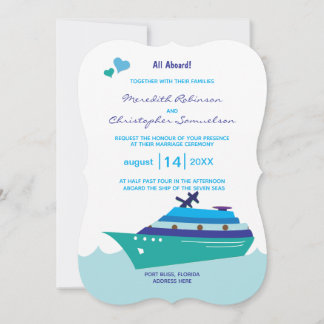 Wedding Cruise Ship All Aboard Blue Ship Hearts Invitation