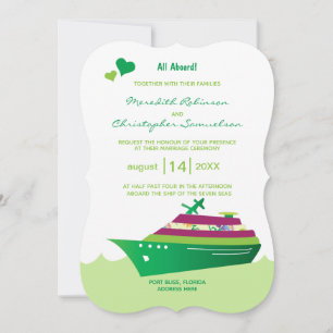 Wedding Cruise Ship All Aboard Green Ship Hearts Invitation