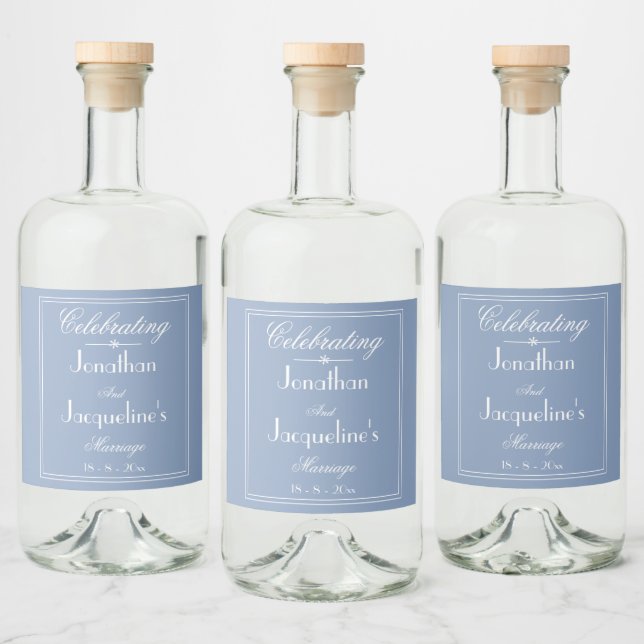 Wedding Custom Bride & Groom Names Chic Dusty Blue Liquor Bottle Label (Bottles)