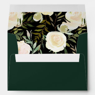 Wedding Custom Dark Moody White Rose Dark Green Envelope