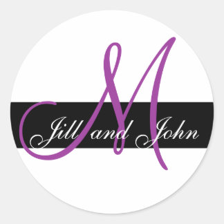 Wedding Custom Monogram Initial & Names Purple Classic Round Sticker