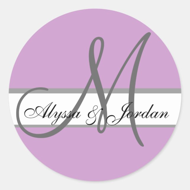 Wedding Custom Monogram & Names Purple & Grey Seal (Front)
