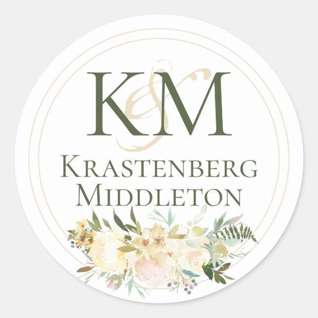 Wedding Custom Name Monogram White Cream Green Classic Round Sticker (Front)