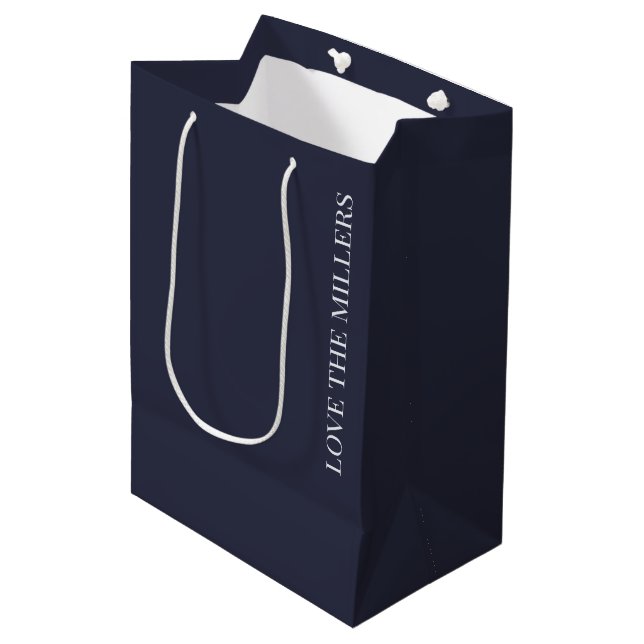 Wedding Custom Name Rich Deep Charcoal Navy White Medium Gift Bag (Front Angled)