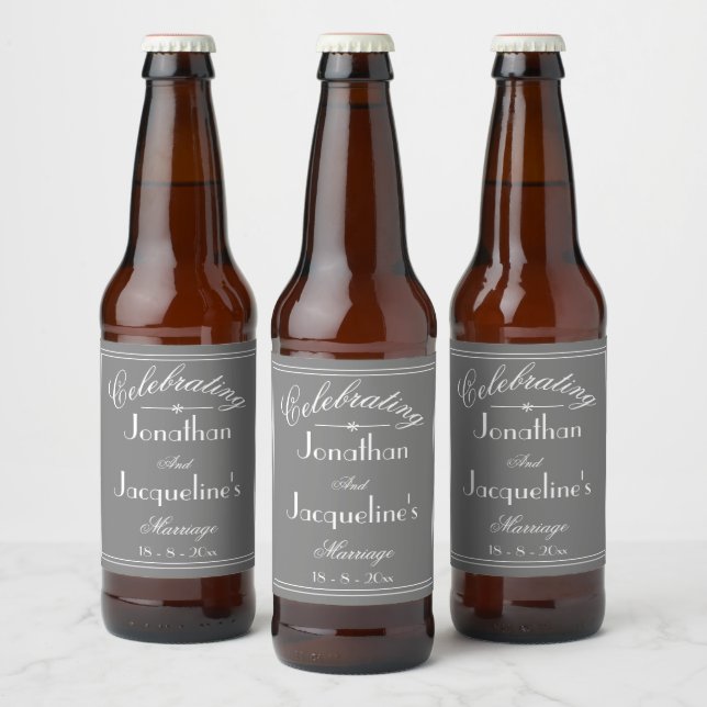 Wedding Custom Names Grey White Cute Chic Cool Beer Bottle Label (Bottles)