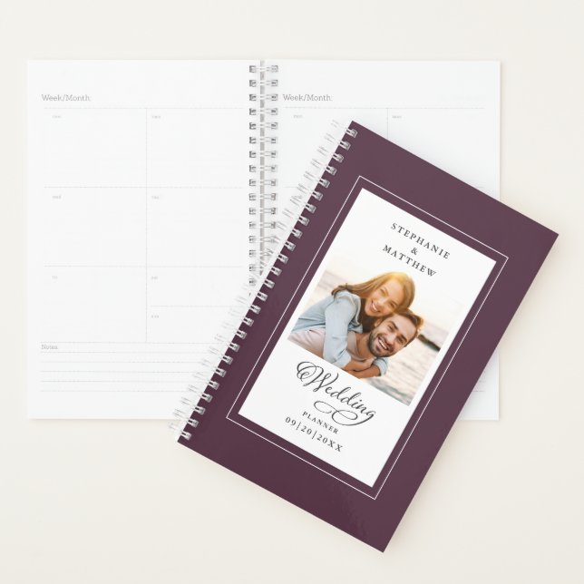 Wedding Custom Photo Cassis Purple Elegant Script Planner (Display)