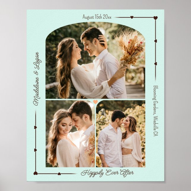 Wedding Custom Photo Collage Modern Mint Hearts Poster (Front)