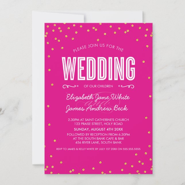 WEDDING cute gold glitter confetti hot bright pink Invitation (Front)