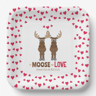 Wedding Cute Red Hearts Custom Whimsical Moose Paper Plate