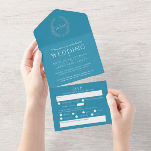 Wedding cyan white silver oval leaves monogram all in one invitation