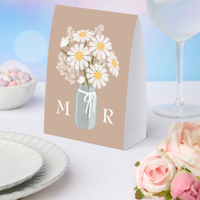 Wedding Daisies Mason Jar Monogram Initial Beige (Insitu(Wedding))